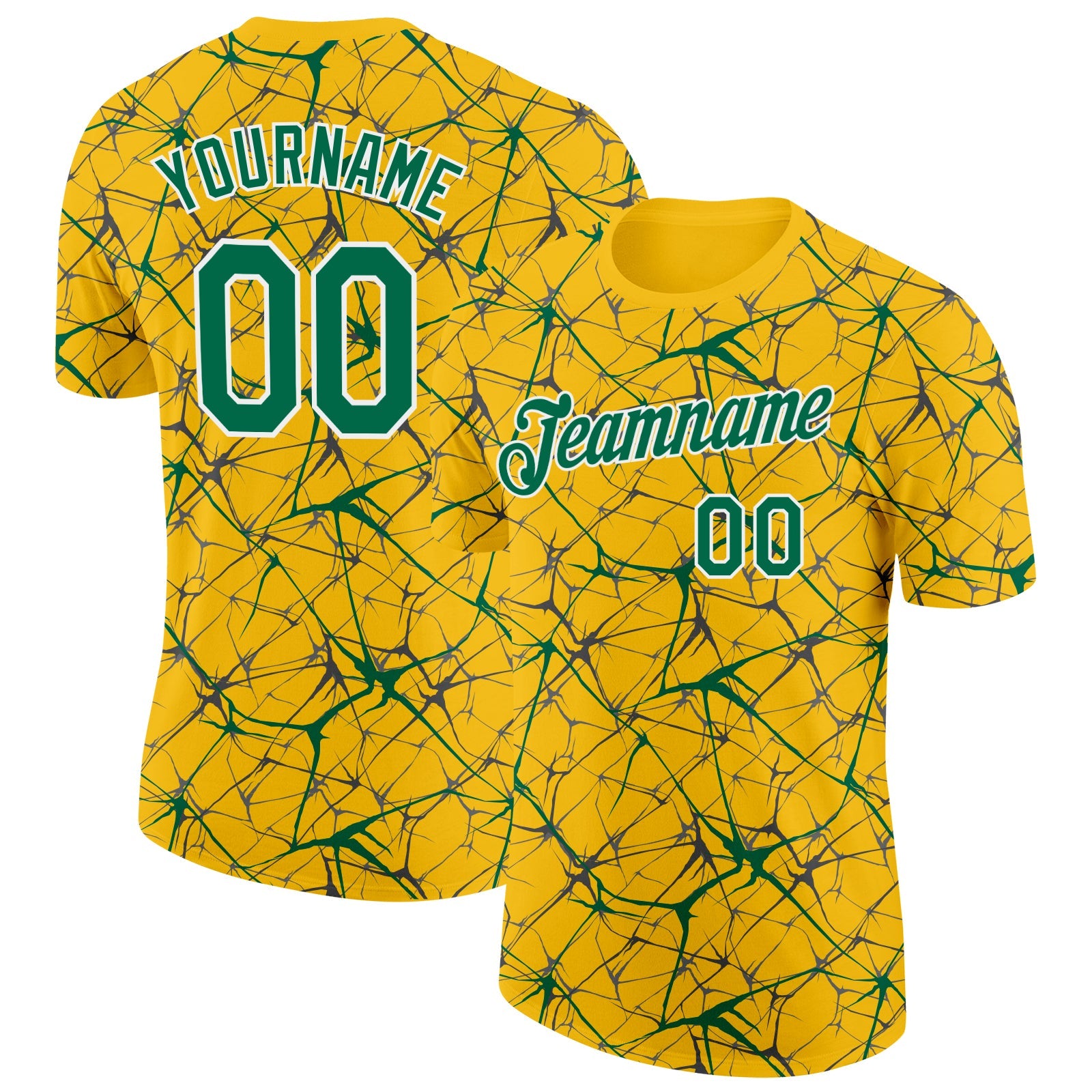 Custom Yellow Kelly Green Gray-White Abstract Network Crackle Performance T-Shirt - Main View