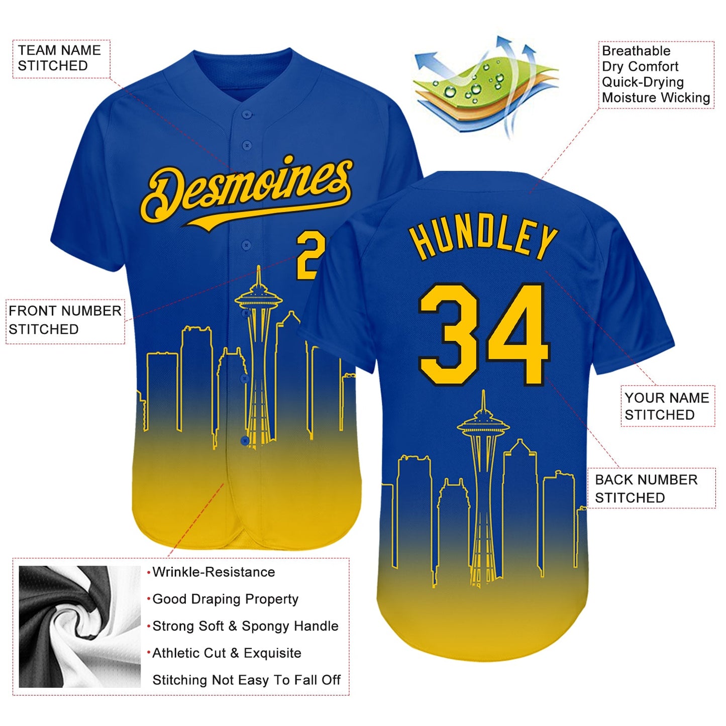 Custom Royal Yellow-Black 3D Seattle City Edition Fade Fashion Authentic Baseball Jersey view 3