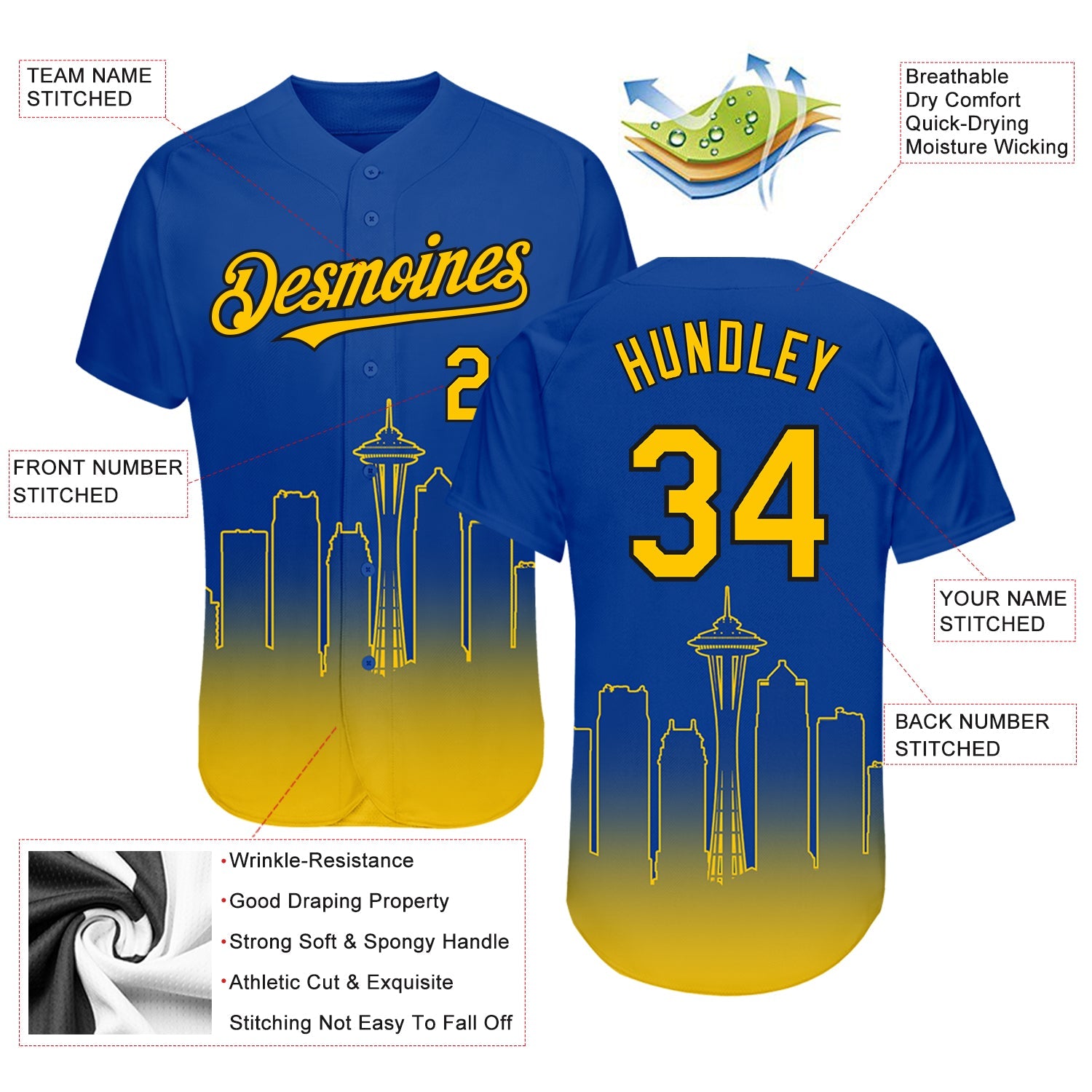 Custom Royal Yellow-Black 3D Seattle City Edition Fade Fashion Authentic Baseball Jersey view 3