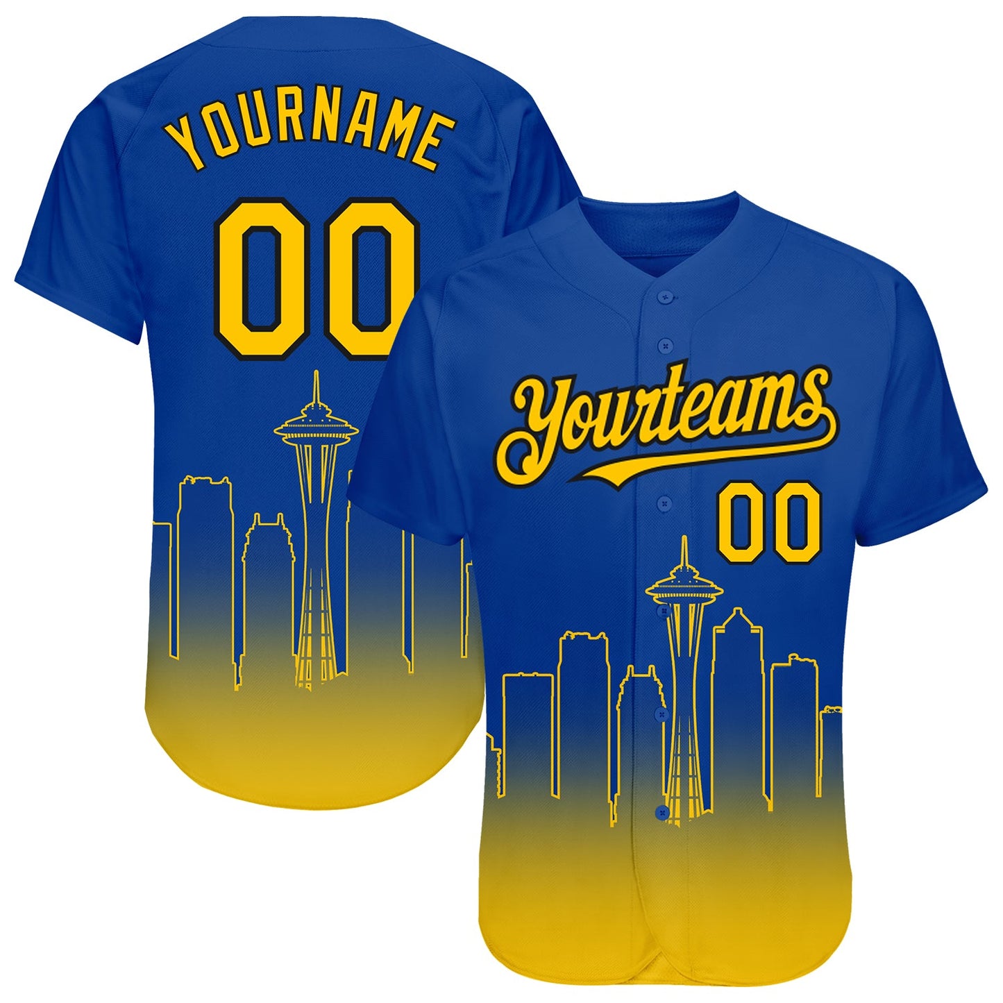 Custom Royal Yellow-Black 3D Seattle City Edition Fade Fashion Authentic Baseball Jersey - Main View