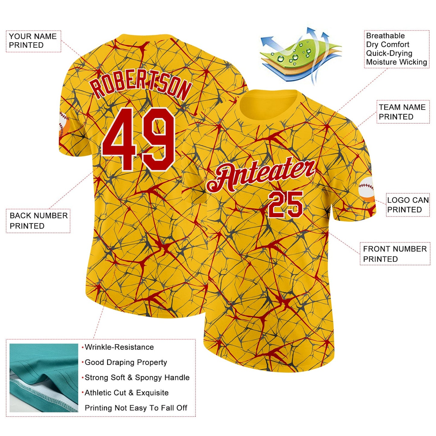Custom Yellow Red Gray-White Abstract Network Crackle Performance T-Shirt view 2