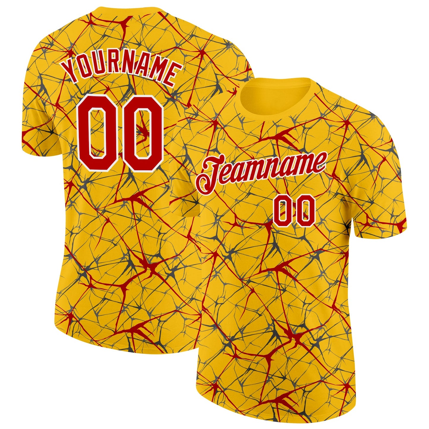 Custom Yellow Red Gray-White Abstract Network Crackle Performance T-Shirt - Main View