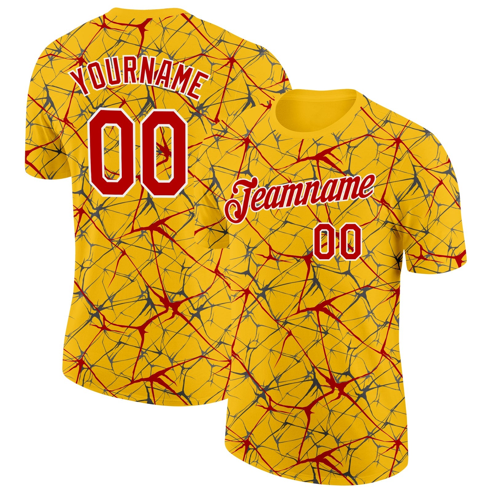 Custom Yellow Red Gray-White Abstract Network Crackle Performance T-Shirt - Main View