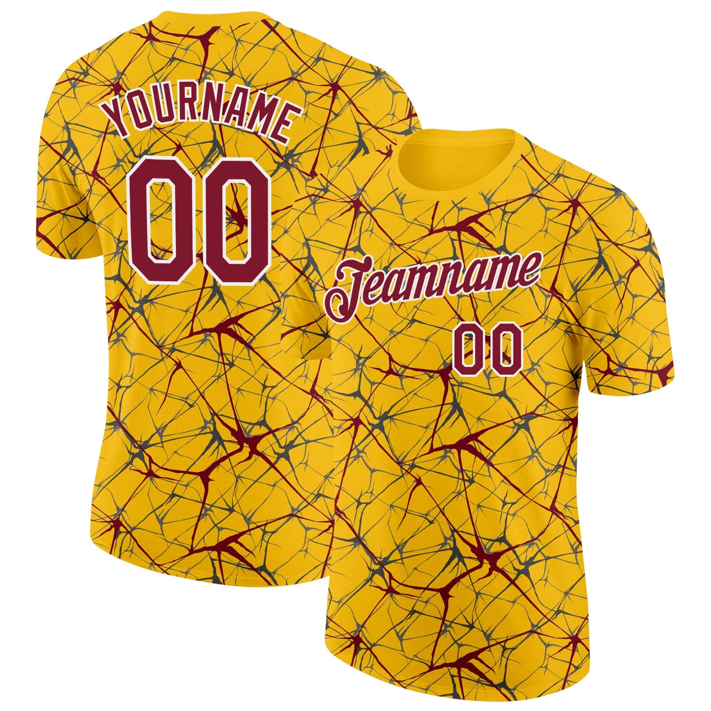 Custom Yellow Crimson Gray-White Abstract Network Crackle Performance T-Shirt - Main View