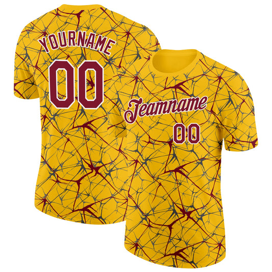 Custom Yellow Crimson Gray-White Abstract Network Crackle Performance T-Shirt - Main View