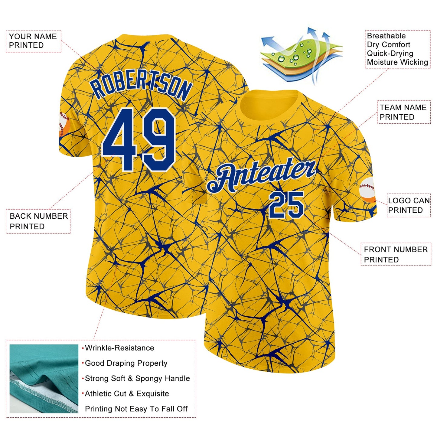 Custom Yellow Royal Gray-White Abstract Network Crackle Performance T-Shirt view 2