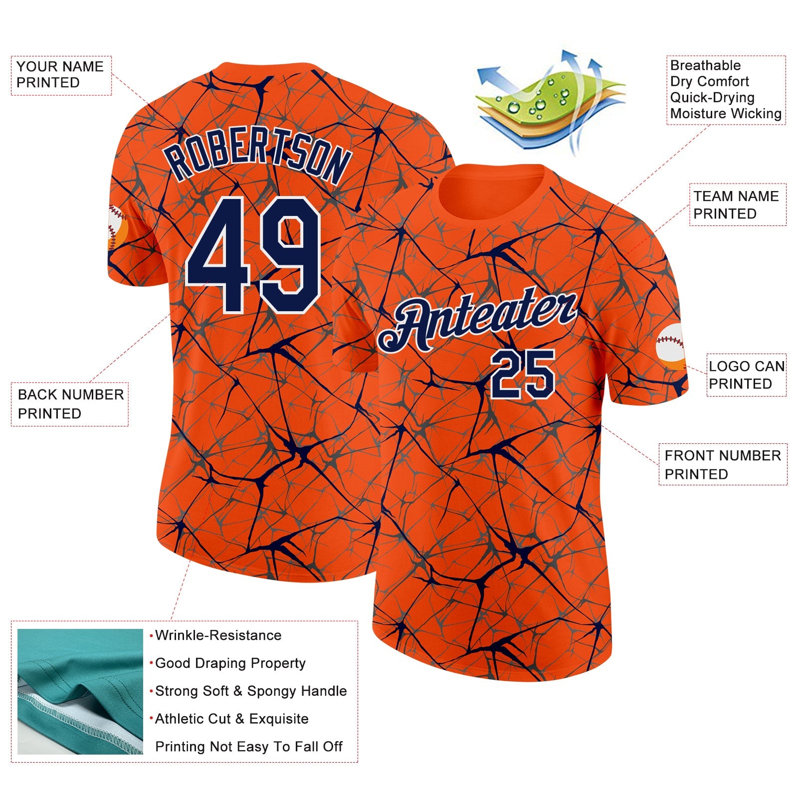 Custom Orange Navy Gray-White Abstract Network Crackle Performance T-Shirt view 2