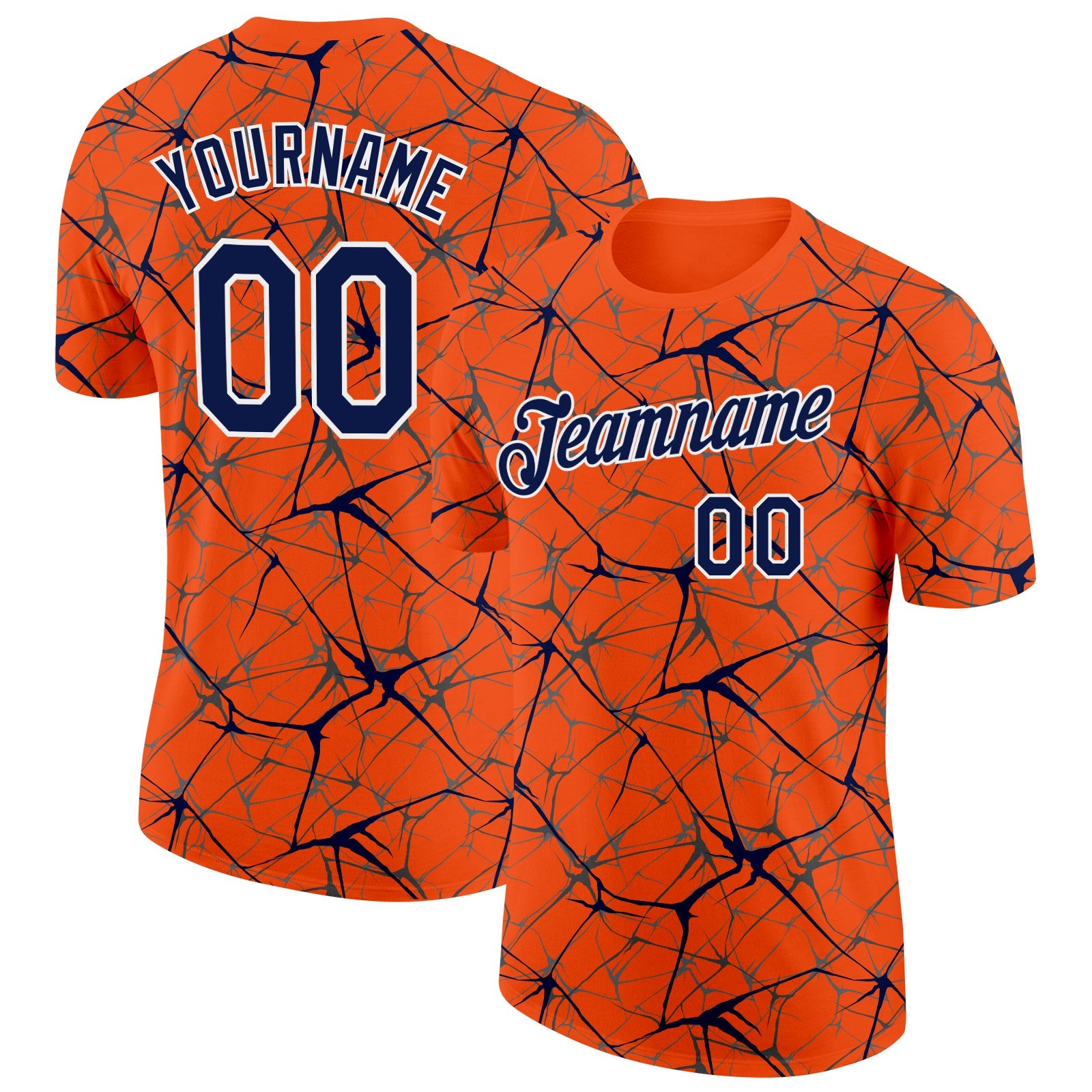 Custom Orange Navy Gray-White Abstract Network Crackle Performance T-Shirt - Main View