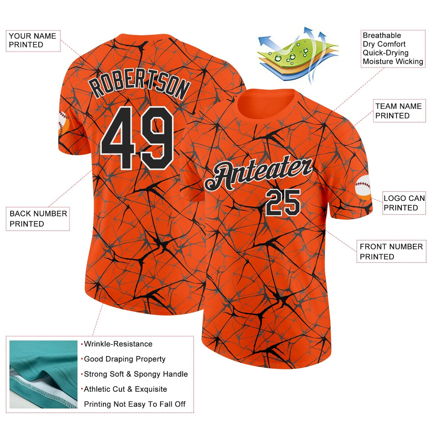 Custom Orange Black Gray-White Abstract Network Crackle Performance T-Shirt view 2