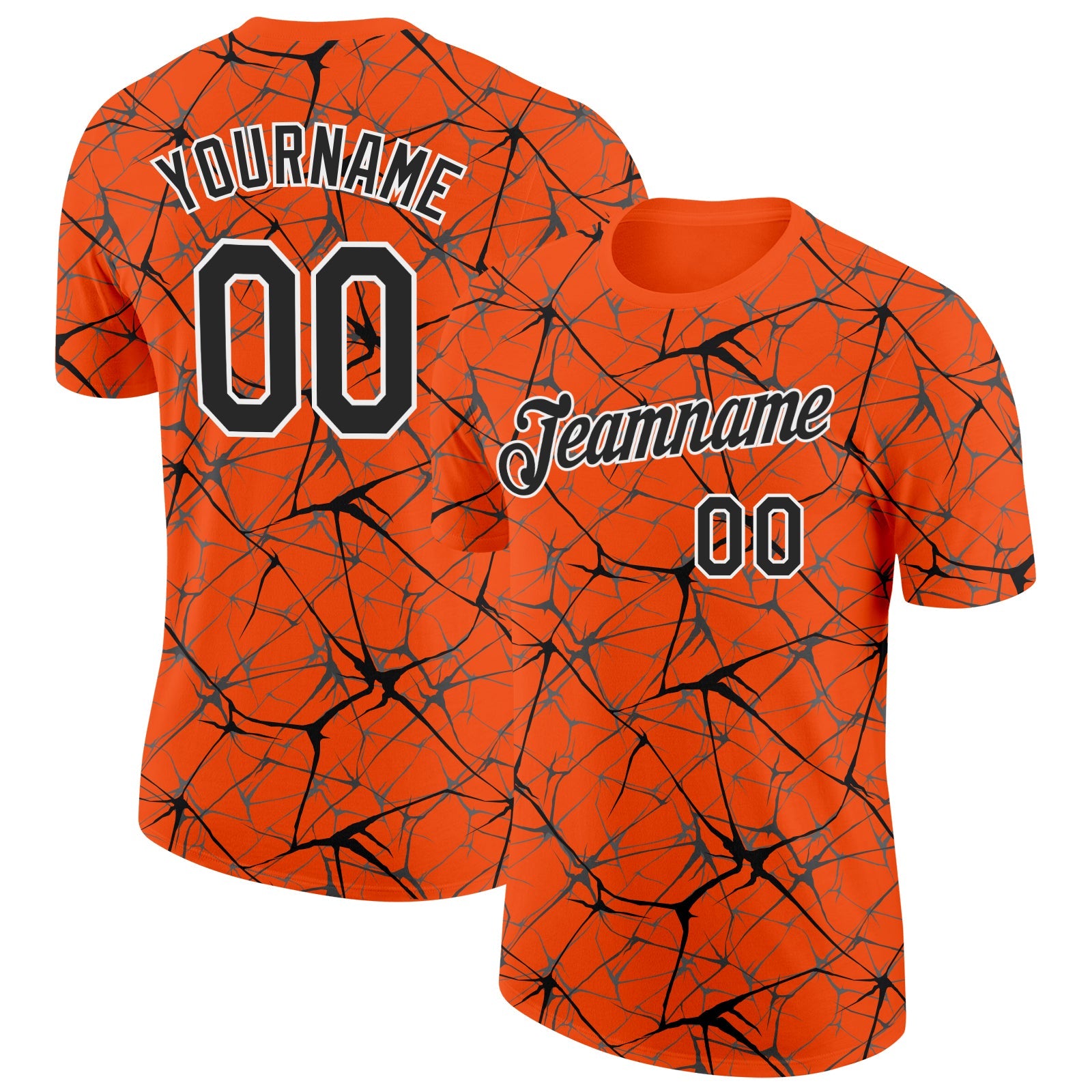 Custom Orange Black Gray-White Abstract Network Crackle Performance T-Shirt - Main View