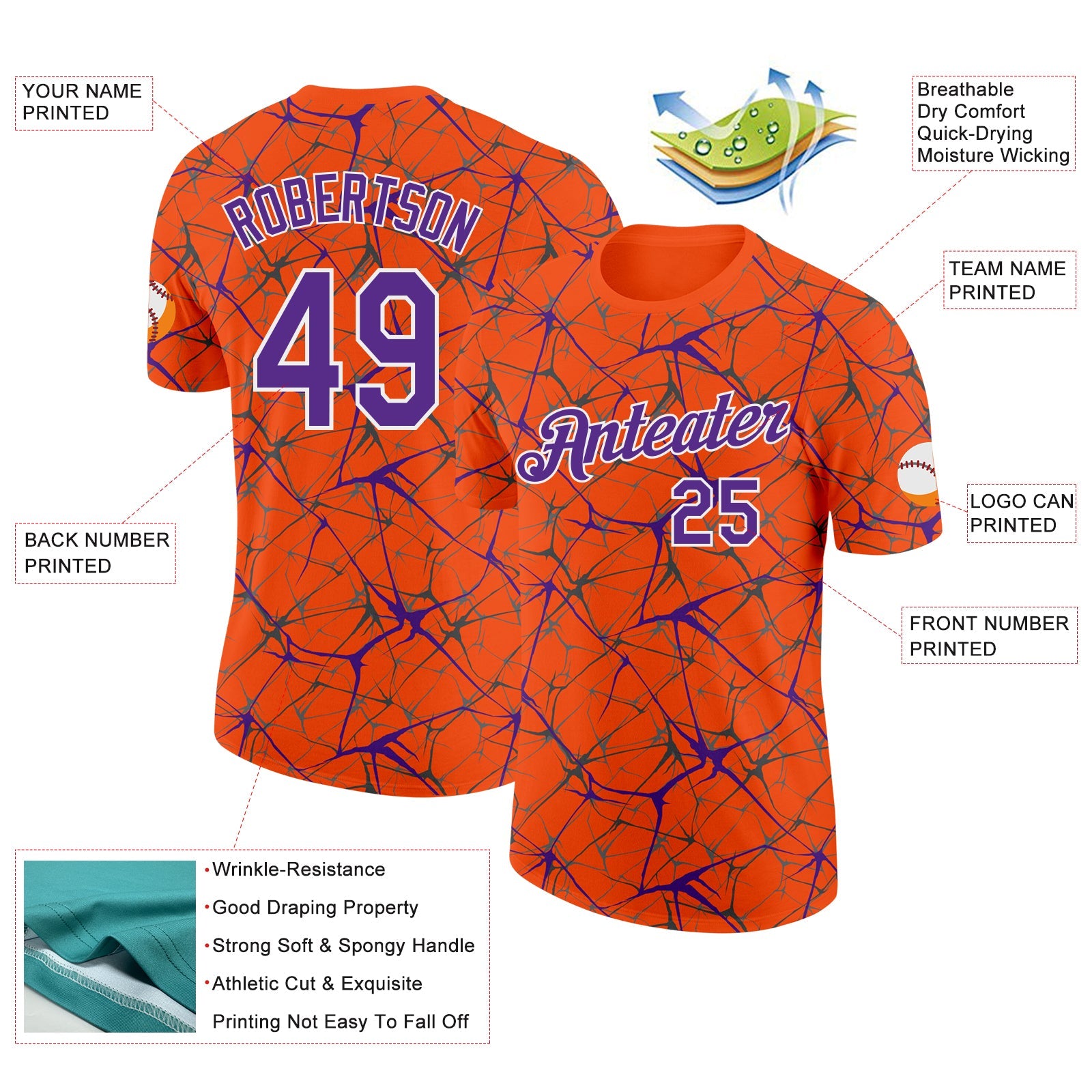 Custom Orange Purple Gray-White Abstract Network Crackle Performance T-Shirt view 2