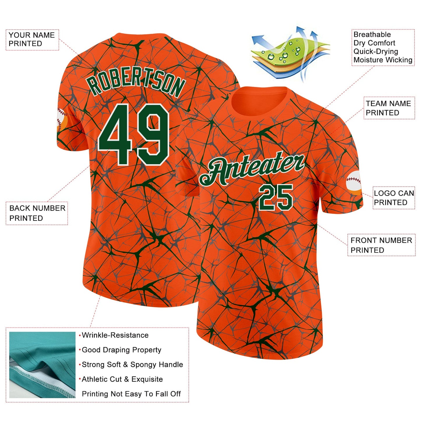 Custom Orange Green Gray-White Abstract Network Crackle Performance T-Shirt view 2