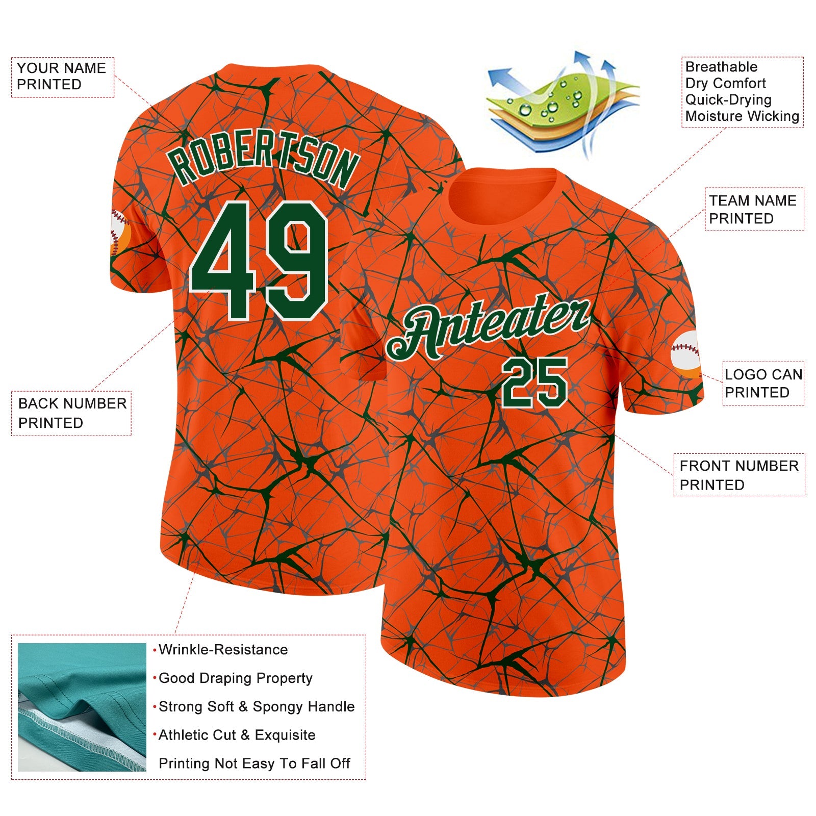 Custom Orange Green Gray-White Abstract Network Crackle Performance T-Shirt view 2