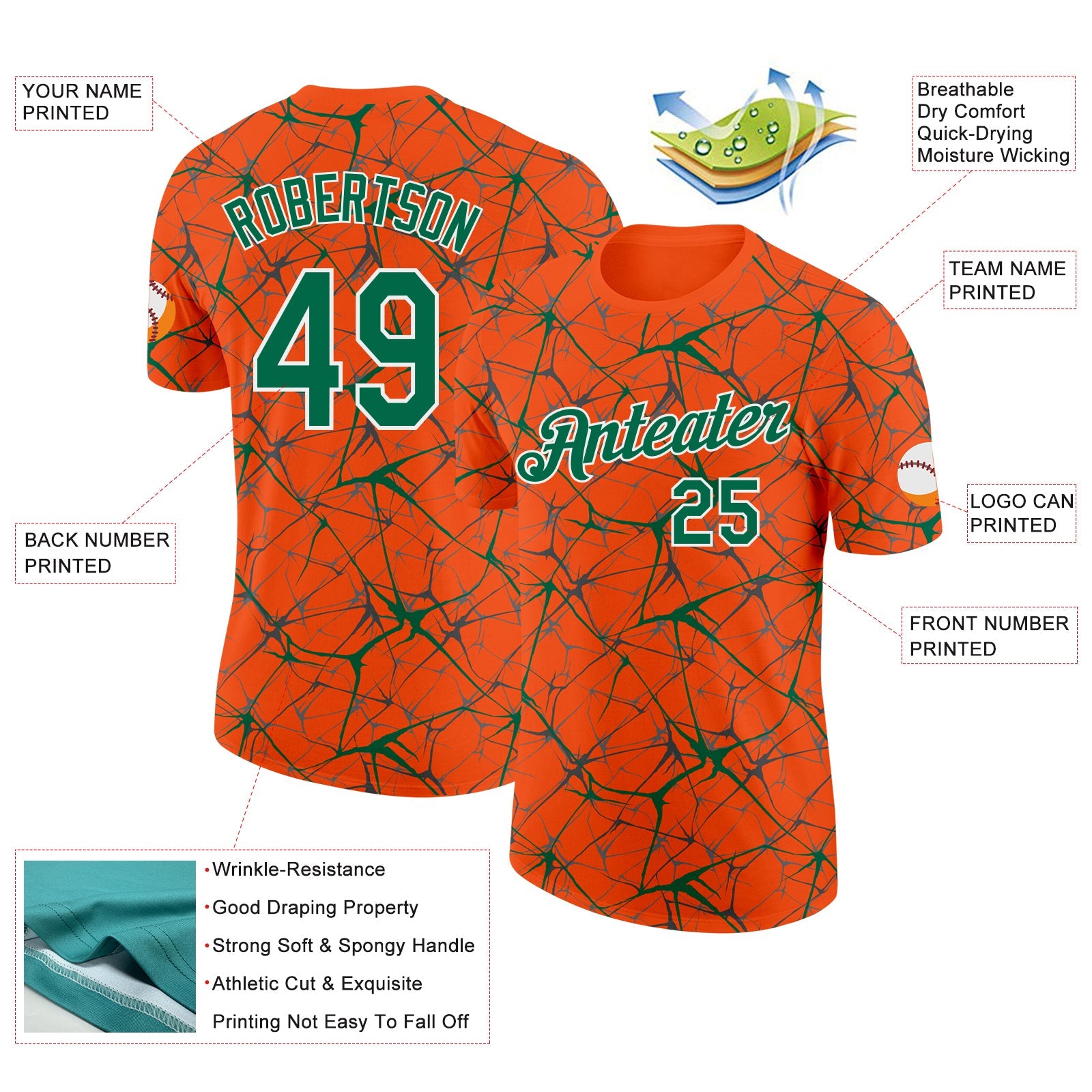Custom Orange Kelly Green Gray-White Abstract Network Crackle Performance T-Shirt view 2