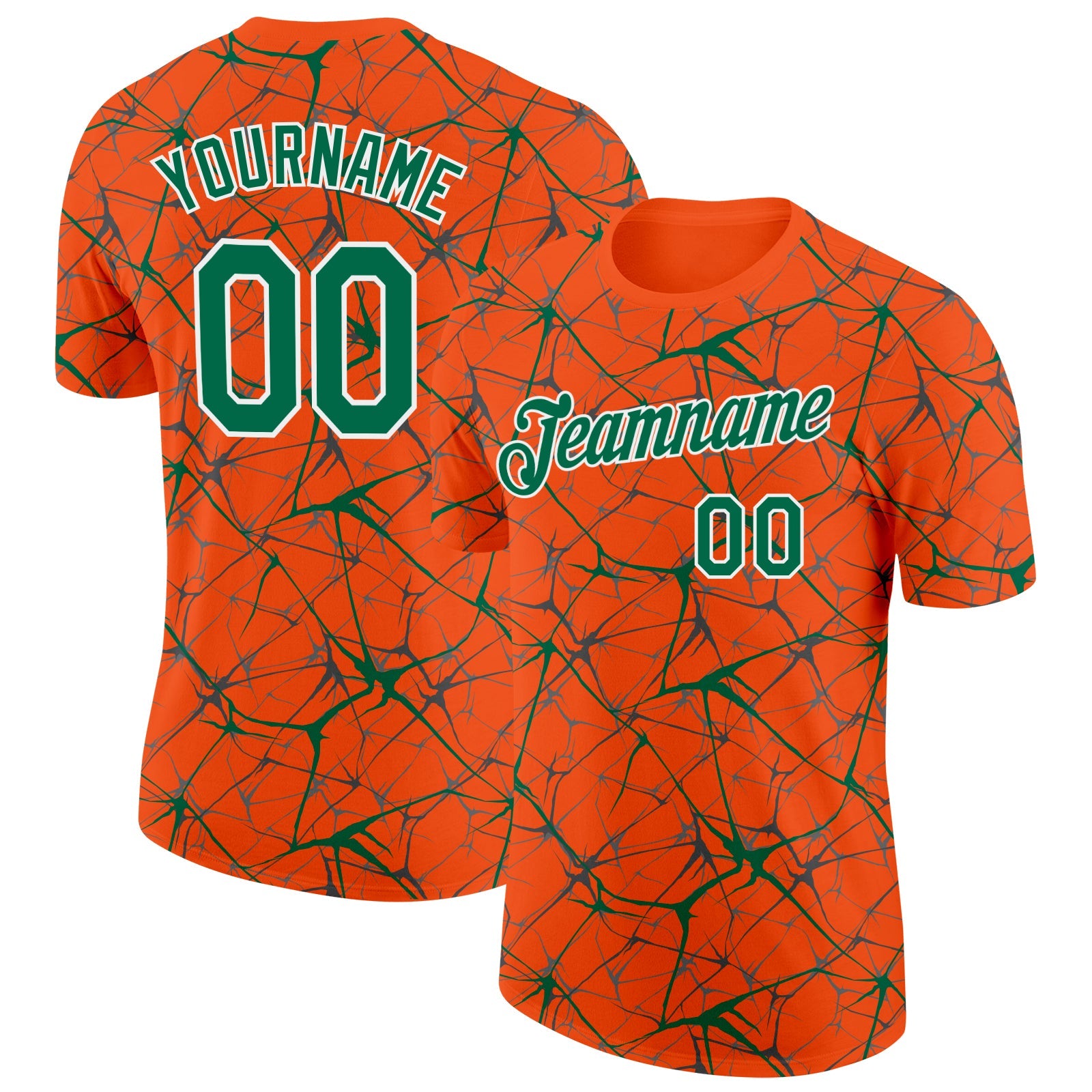 Custom Orange Kelly Green Gray-White Abstract Network Crackle Performance T-Shirt - Main View