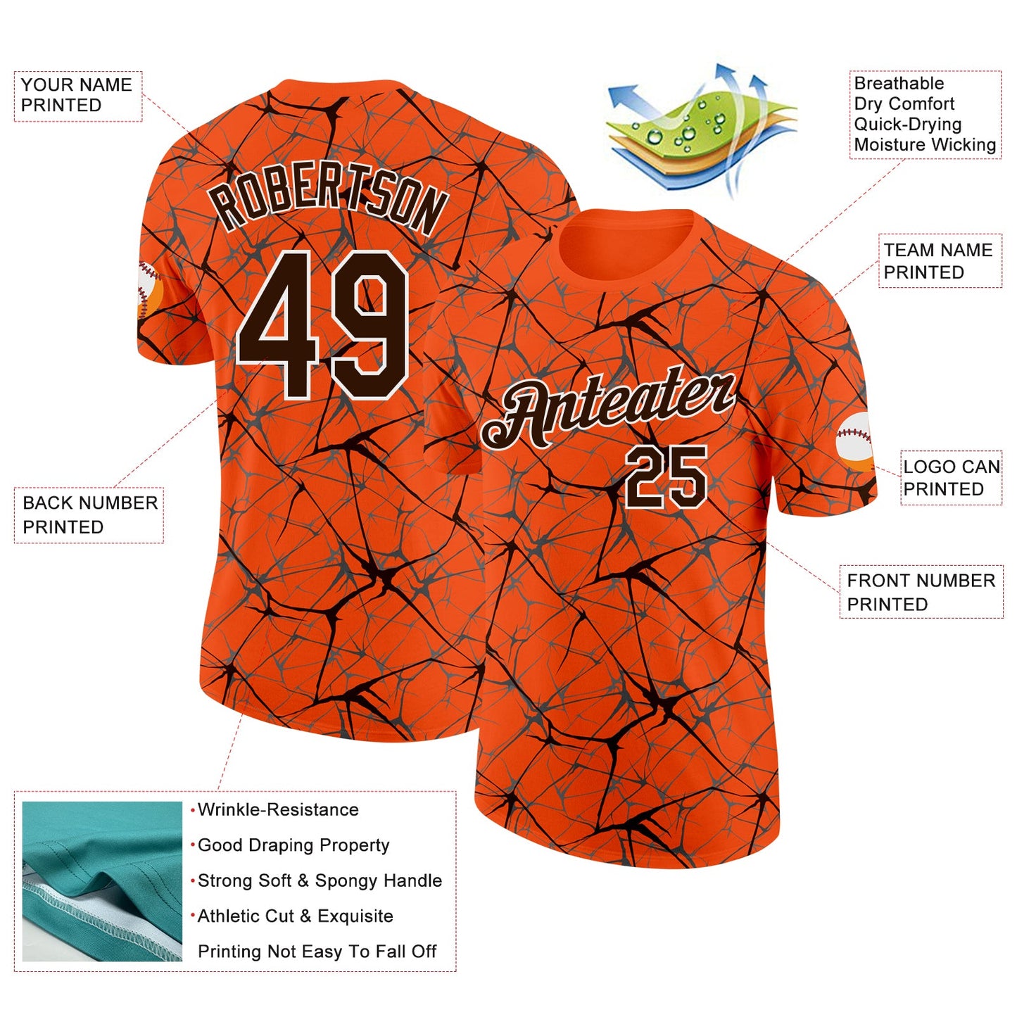 Custom Orange Brown Gray-White Abstract Network Crackle Performance T-Shirt view 2