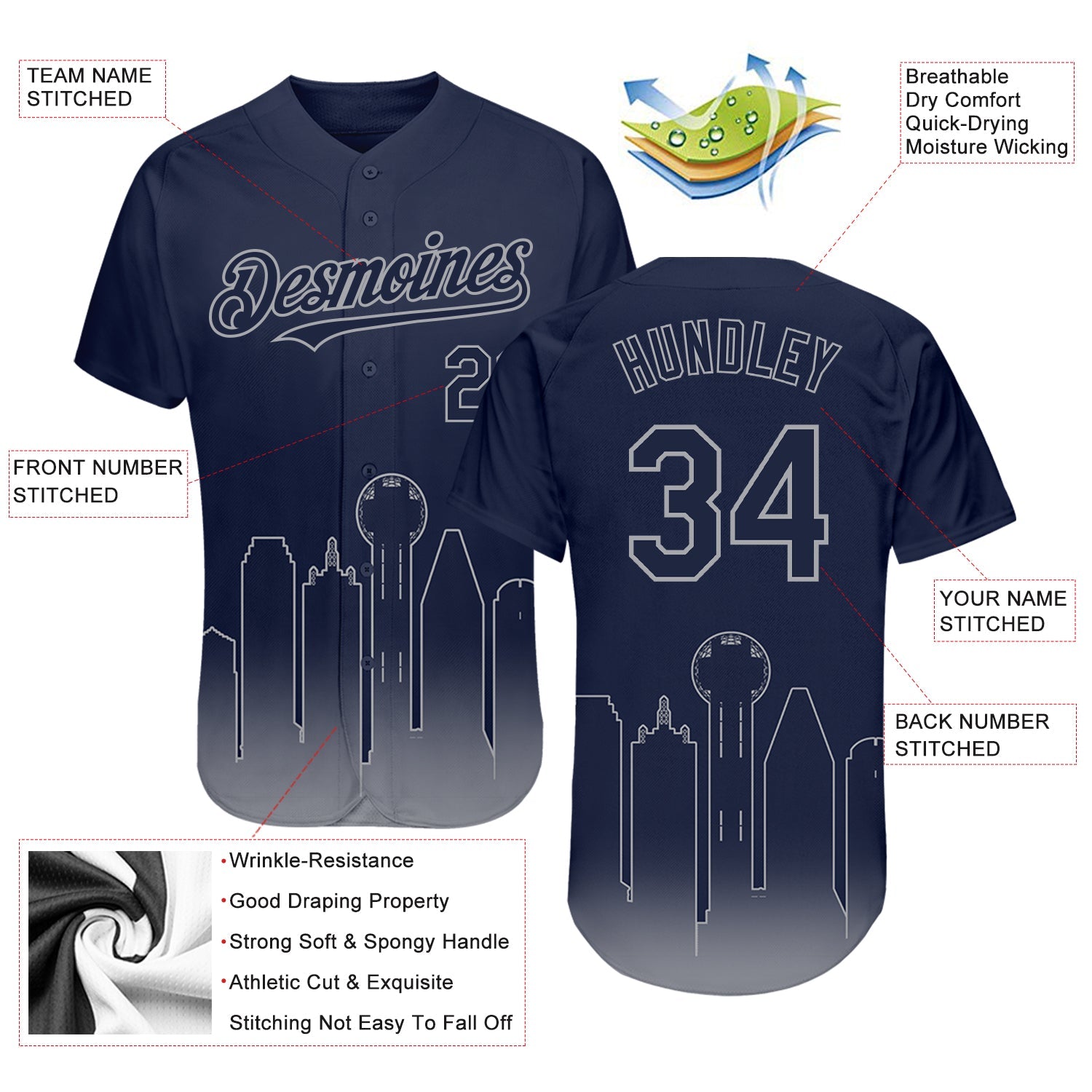 Custom Navy Gray 3D Dallas City Edition Fade Fashion Authentic Baseball Jersey view 3