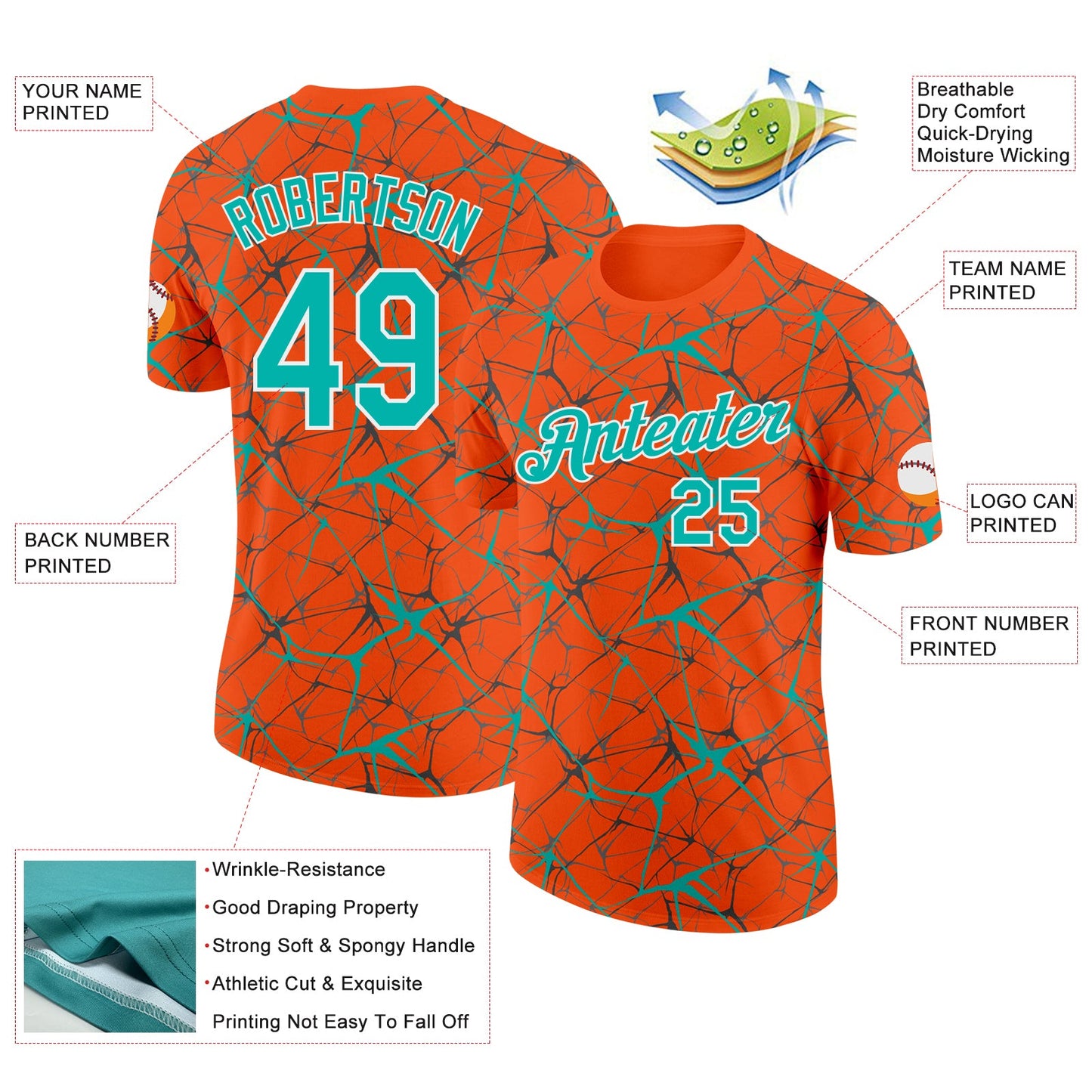 Custom Orange Aqua Gray-White Abstract Network Crackle Performance T-Shirt view 2