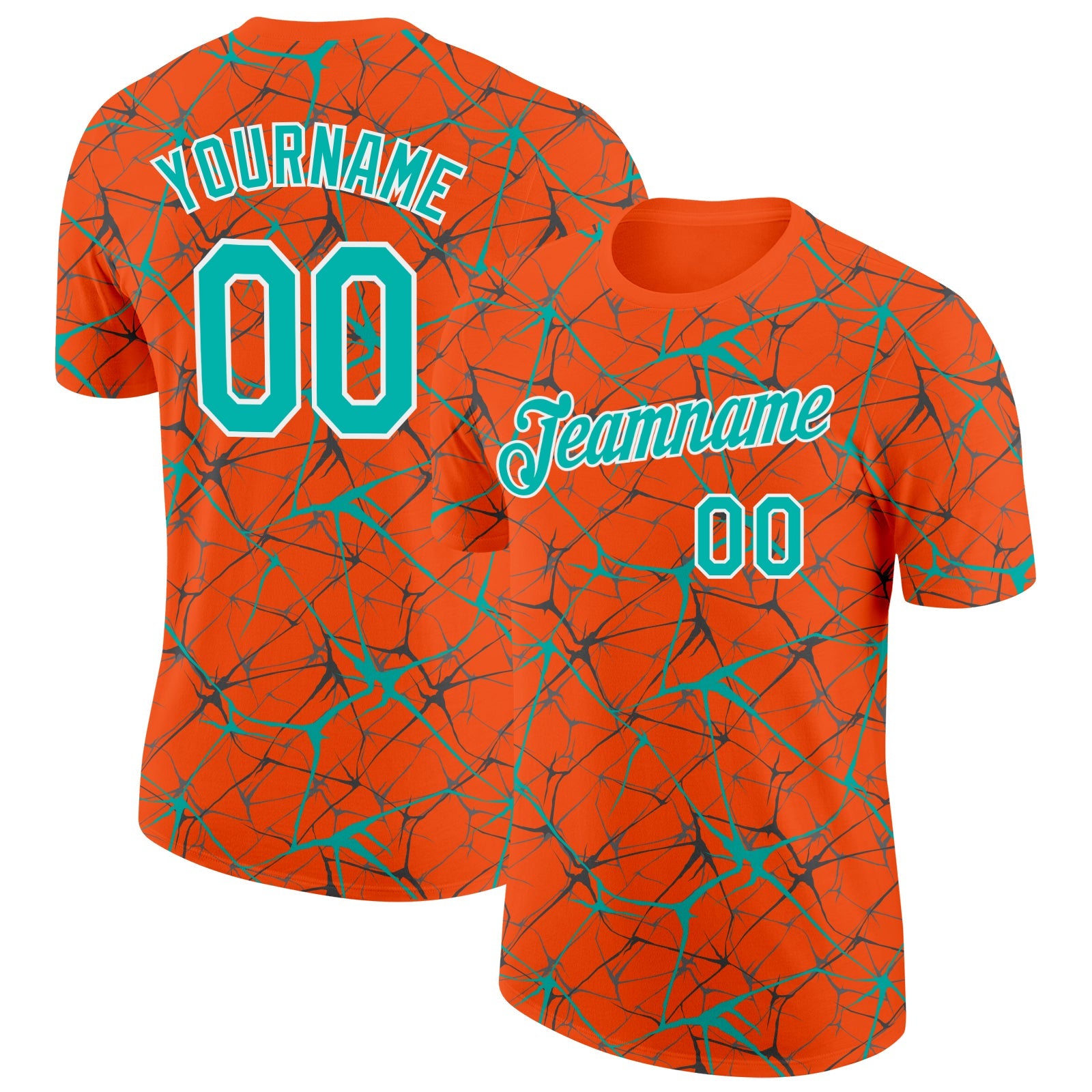 Custom Orange Aqua Gray-White Abstract Network Crackle Performance T-Shirt - Main View