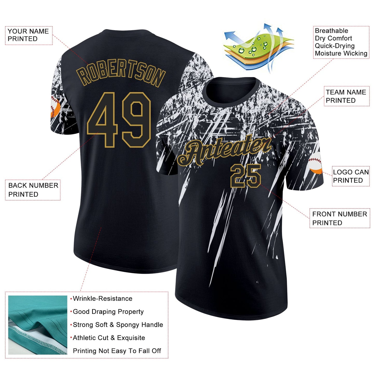 Custom Black White-Old Gold Distressed Scratch Brush Stroke Performance T-Shirt view 2