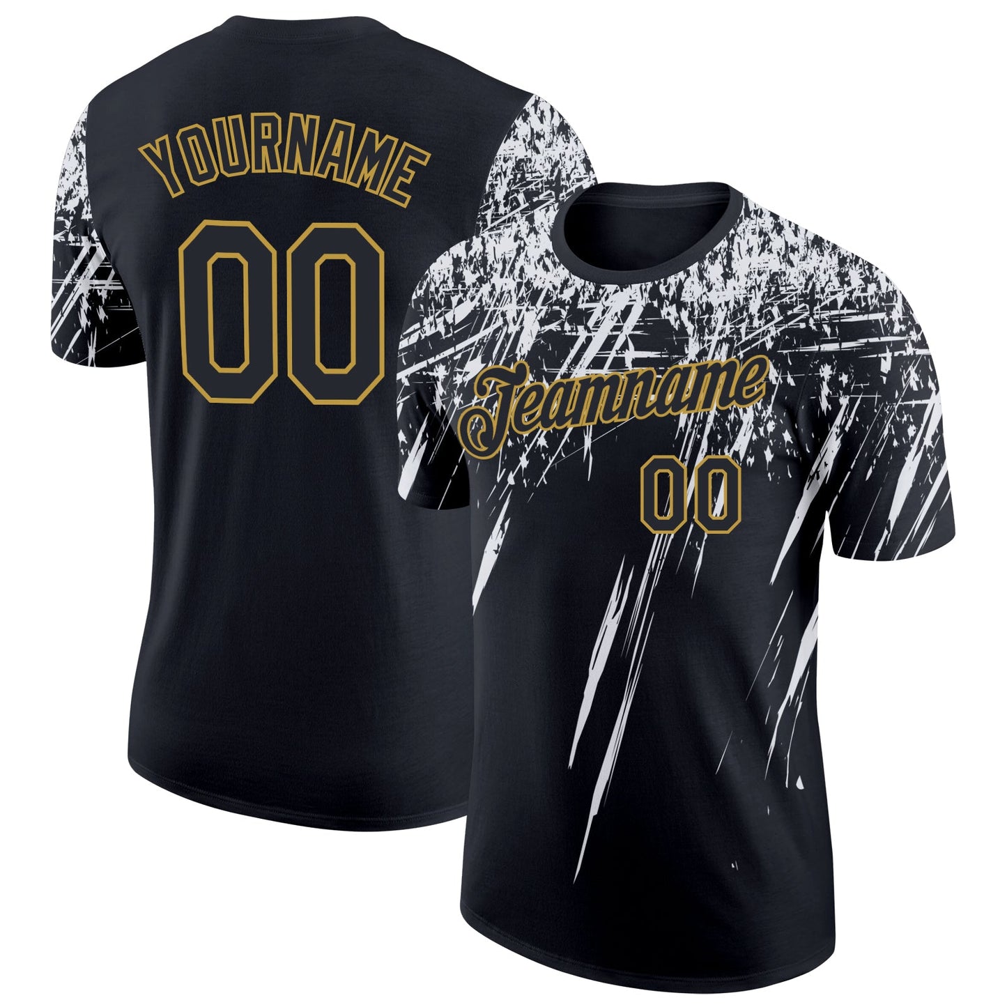 Custom Black White-Old Gold Distressed Scratch Brush Stroke Performance T-Shirt - Main View