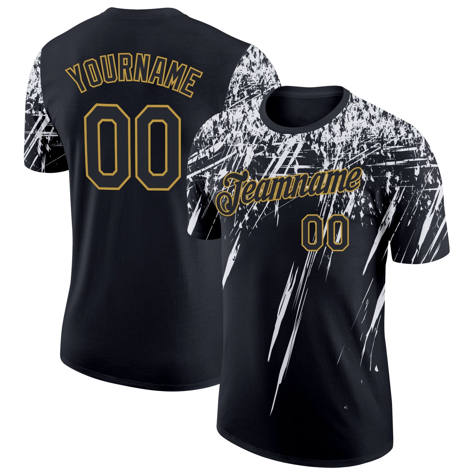 Custom Black White-Old Gold Distressed Scratch Brush Stroke Performance T-Shirt - Main View