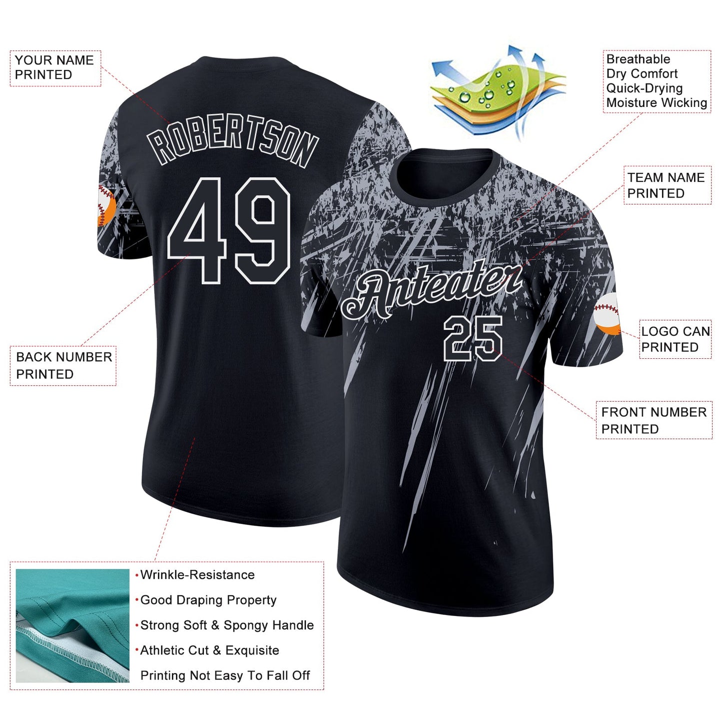 Custom Black Gray-White Distressed Scratch Brush Stroke Performance T-Shirt view 2