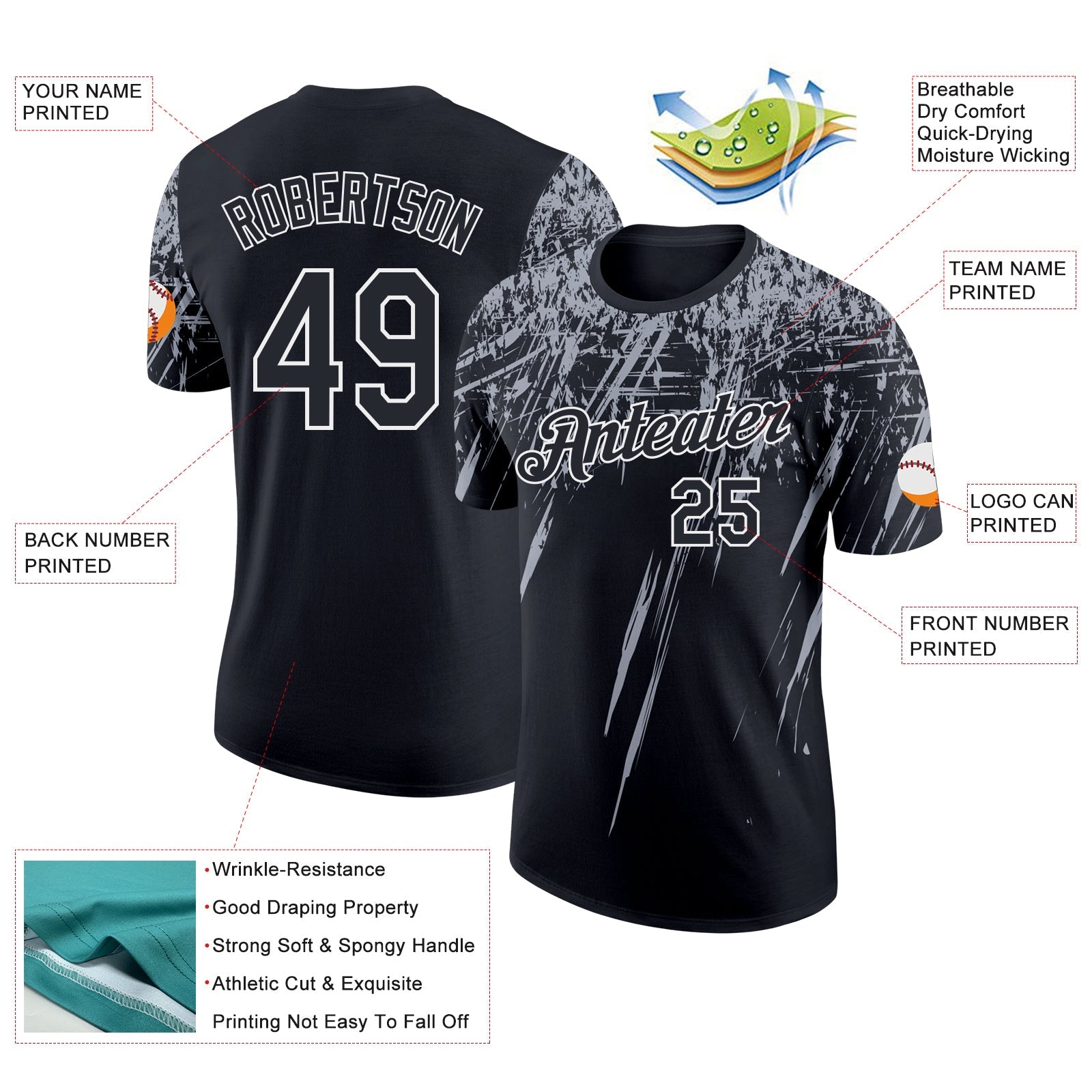 Custom Black Gray-White Distressed Scratch Brush Stroke Performance T-Shirt view 2