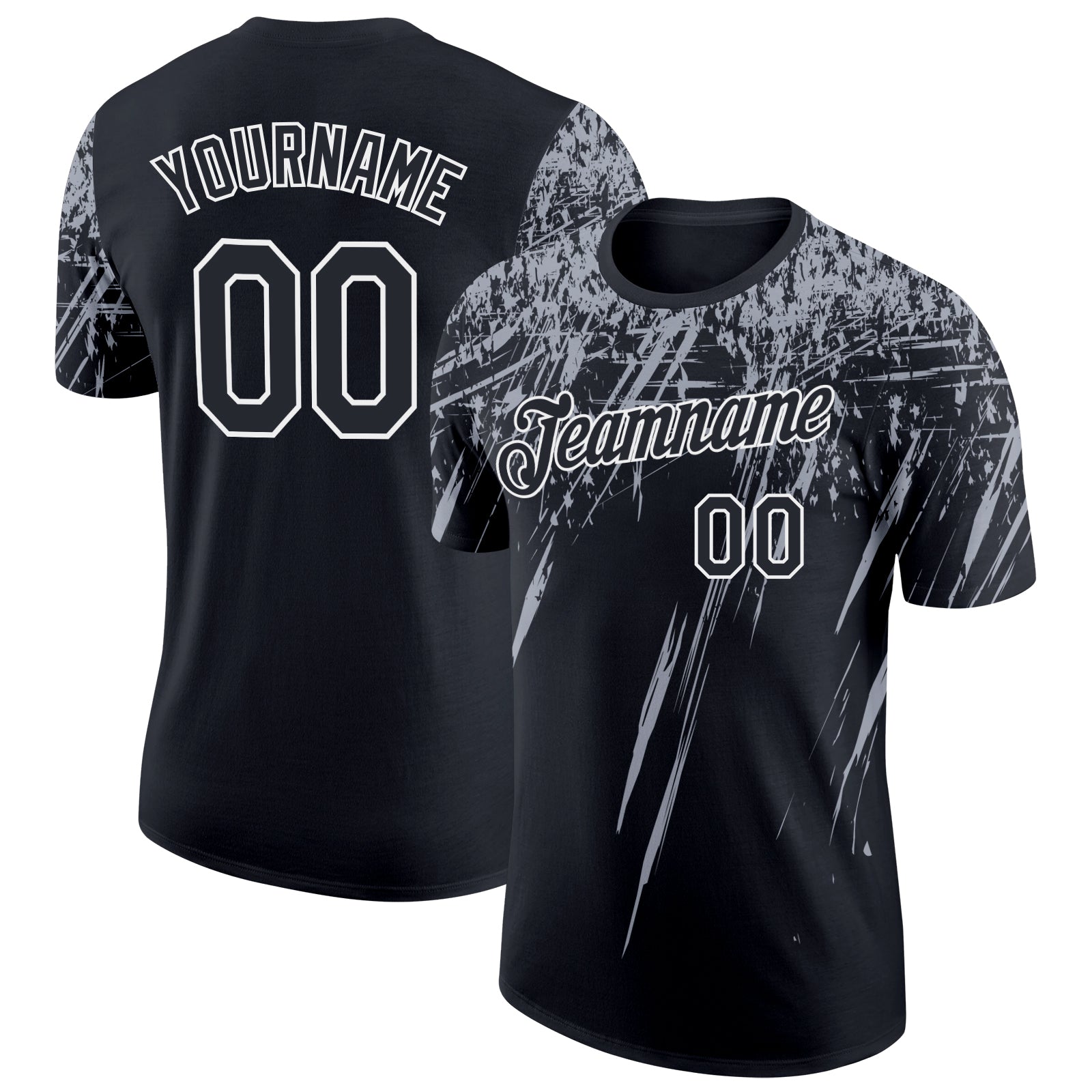 Custom Black Gray-White Distressed Scratch Brush Stroke Performance T-Shirt - Main View