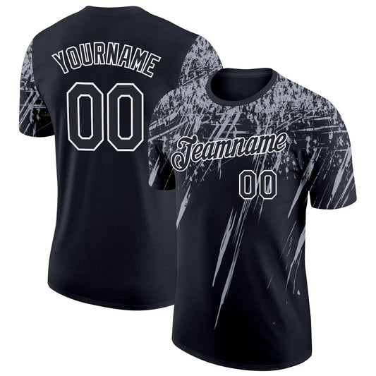 Custom Black Gray-White Distressed Scratch Brush Stroke Performance T-Shirt - Main View