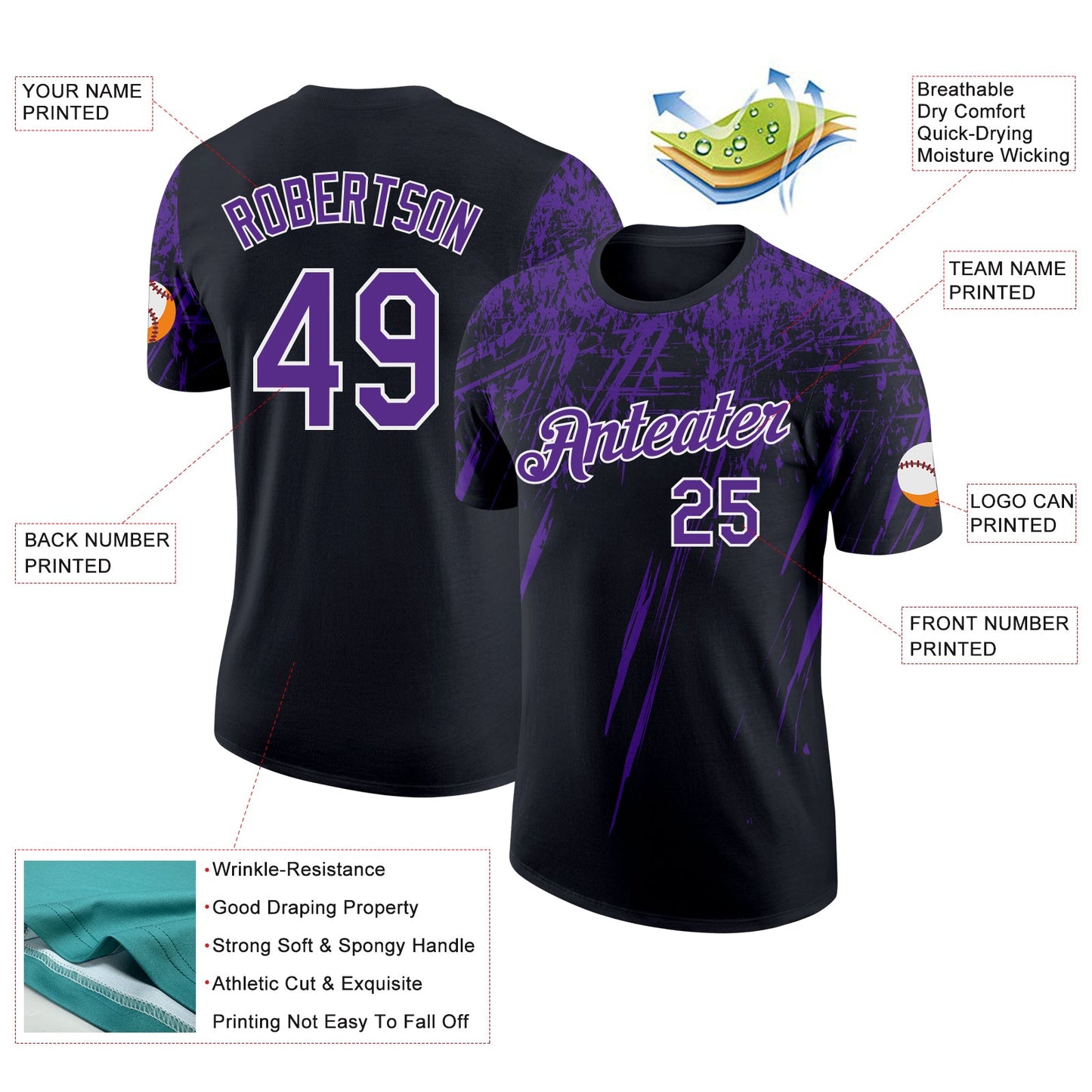 Custom Black Purple-White Distressed Scratch Brush Stroke Performance T-Shirt view 2
