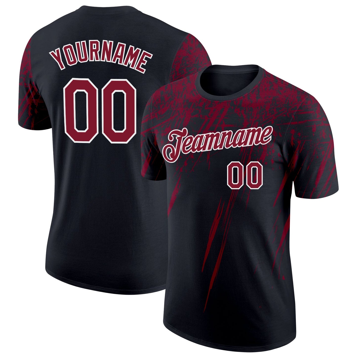 Custom Black Crimson-White Distressed Scratch Brush Stroke Performance T-Shirt - Main View