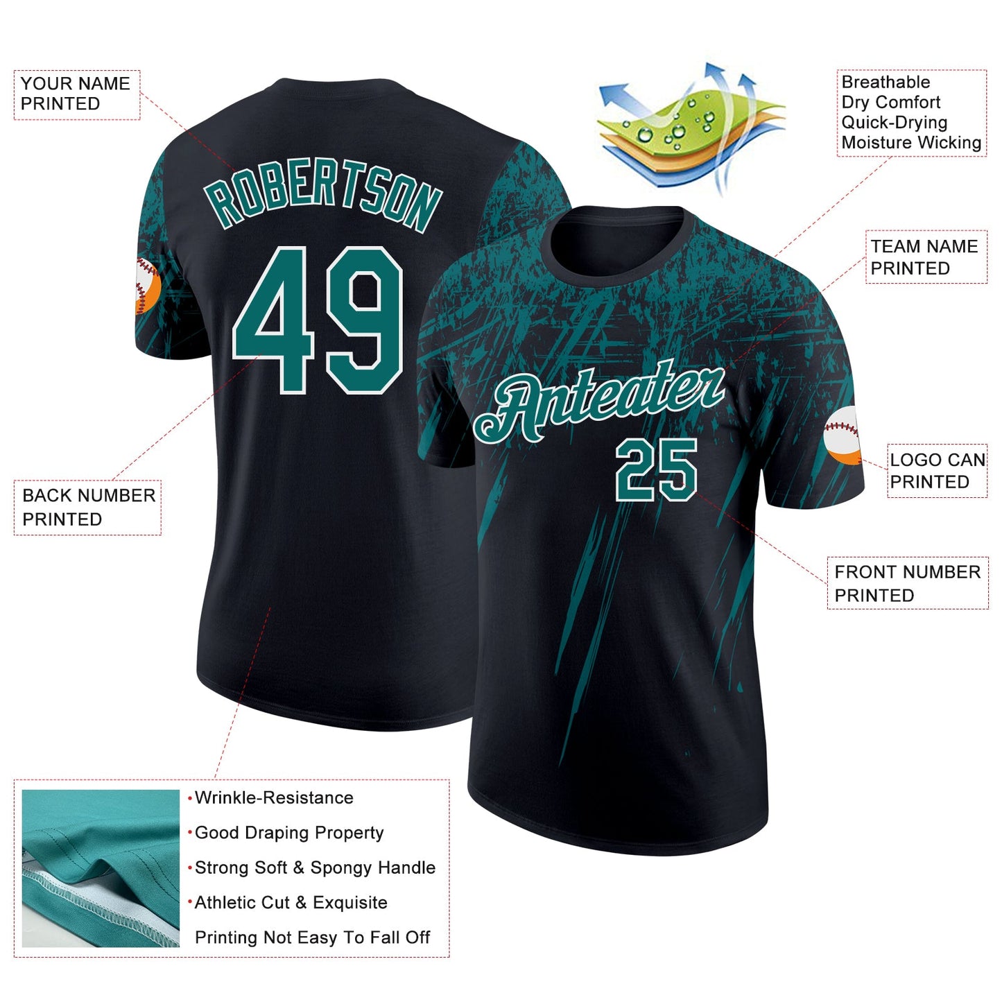 Custom Black Teal-White Distressed Scratch Brush Stroke Performance T-Shirt view 2