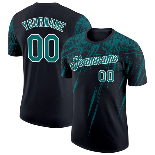 Custom Black Teal-White Distressed Scratch Brush Stroke Performance T-Shirt - Main View