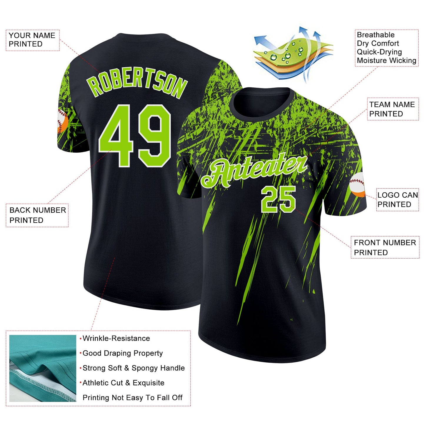 Custom Black Neon Green-White Distressed Scratch Brush Stroke Performance T-Shirt view 2