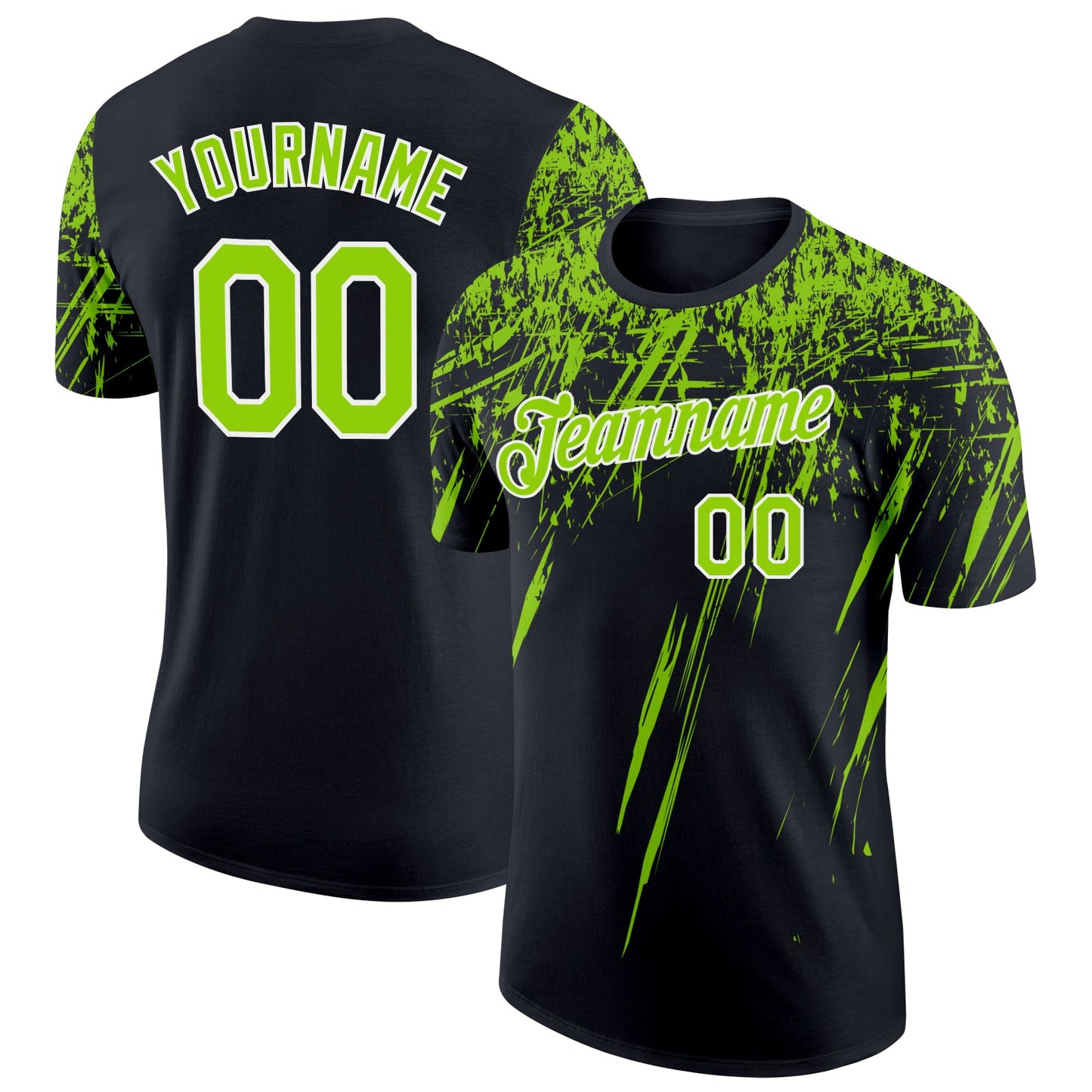 Custom Black Neon Green-White Distressed Scratch Brush Stroke Performance T-Shirt - Main View