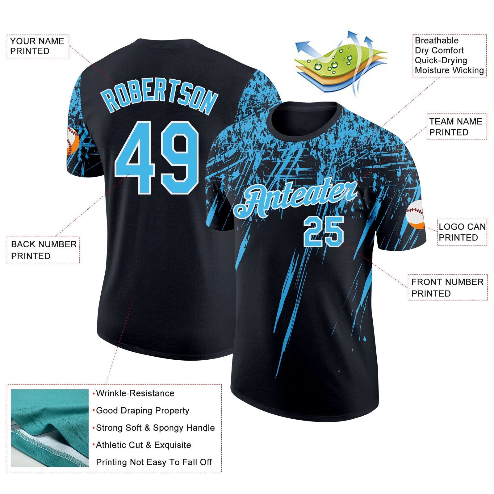 Custom Black Sky Blue-White Distressed Scratch Brush Stroke Performance T-Shirt view 2