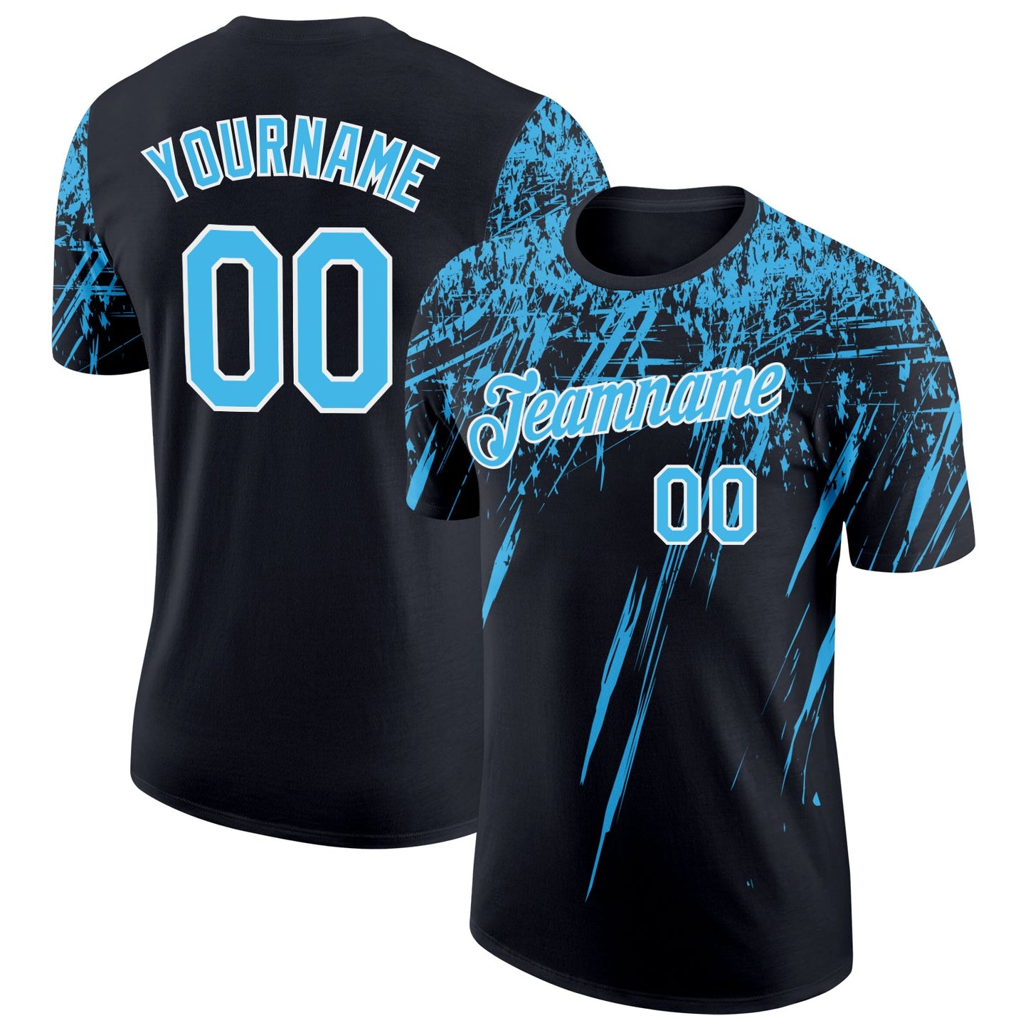 Custom Black Sky Blue-White Distressed Scratch Brush Stroke Performance T-Shirt - Main View