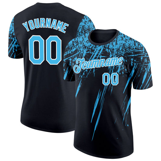 Custom Black Sky Blue-White Distressed Scratch Brush Stroke Performance T-Shirt - Main View