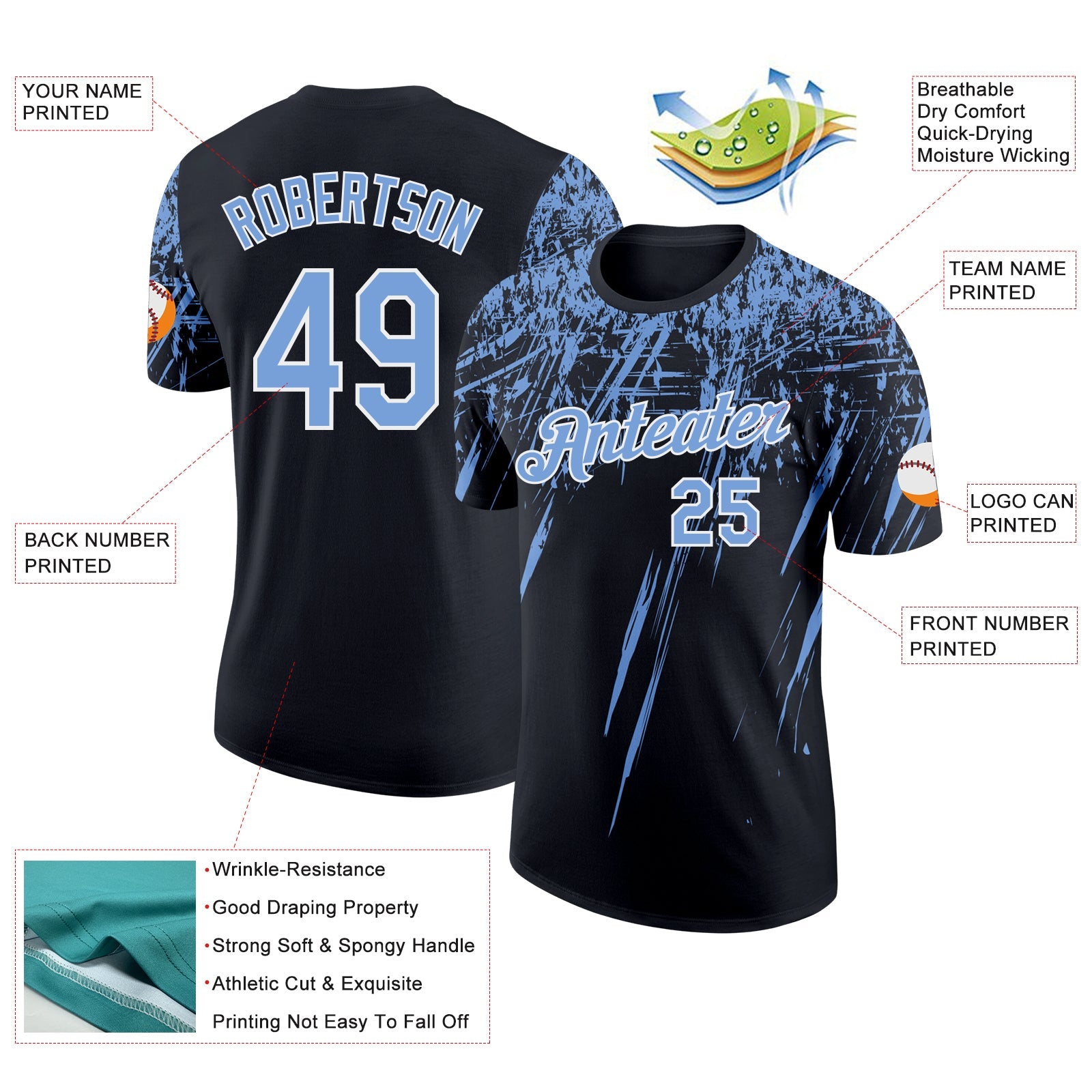 Custom Black Powder Blue-White Distressed Scratch Brush Stroke Performance T-Shirt view 2