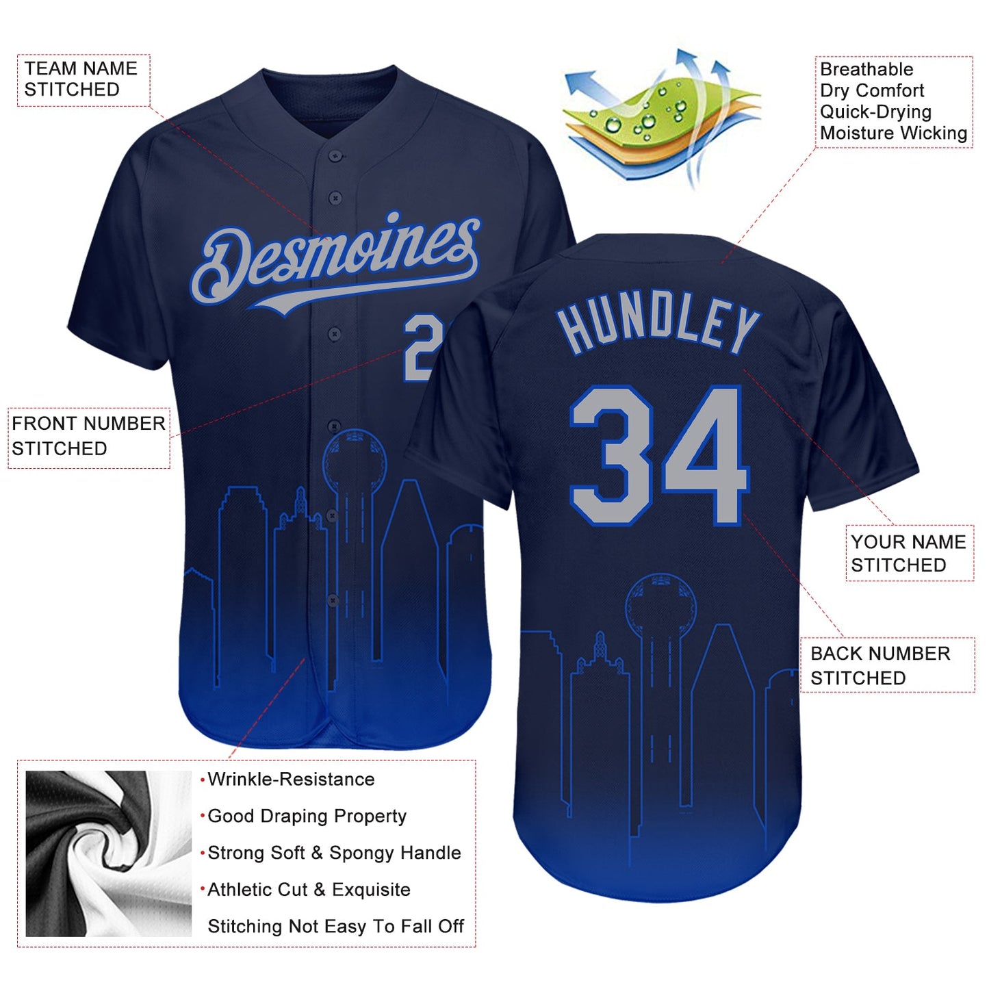Custom Navy Gray-Thunder Blue 3D Dallas City Edition Fade Fashion Authentic Baseball Jersey view 3
