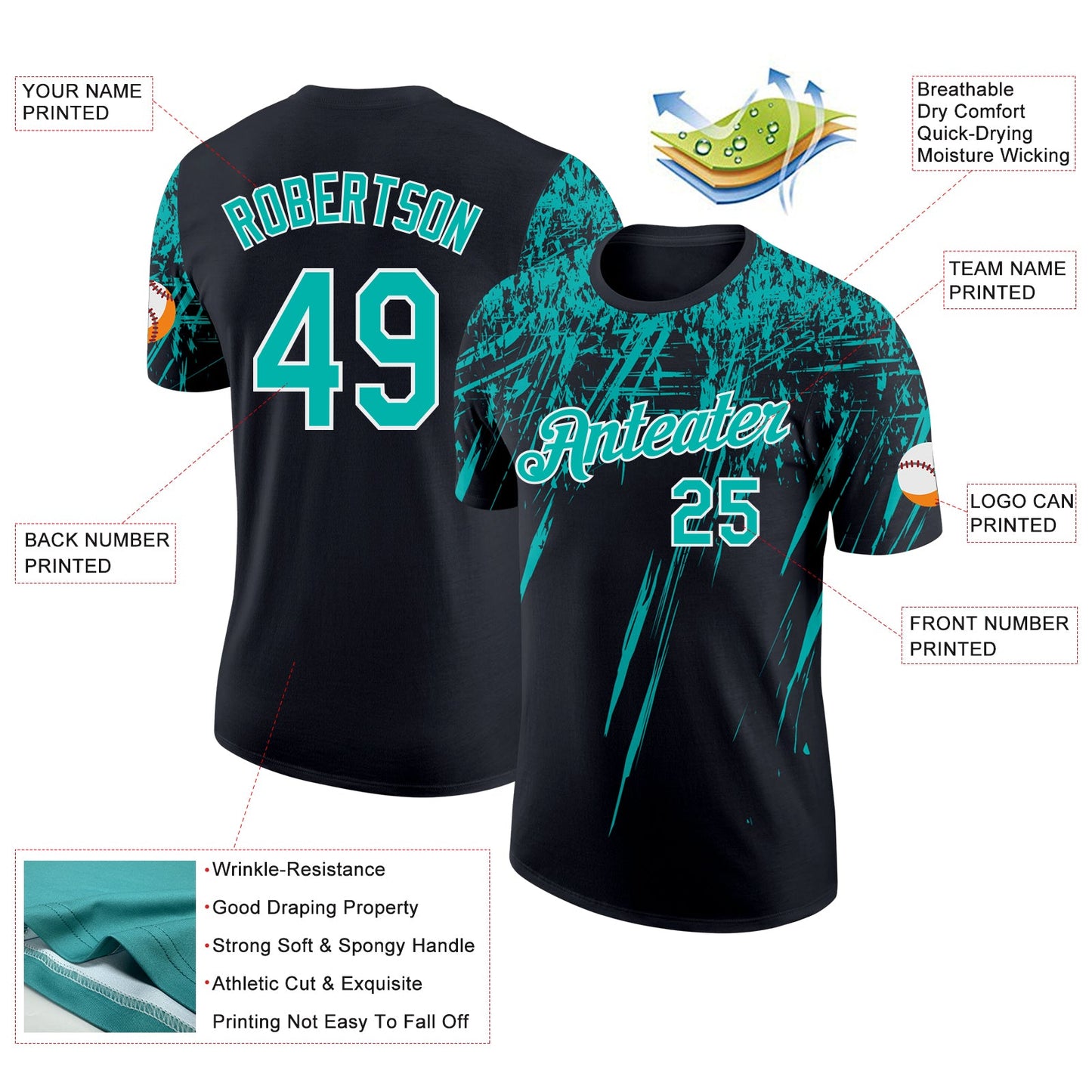 Custom Black Aqua-White Distressed Scratch Brush Stroke Performance T-Shirt view 2
