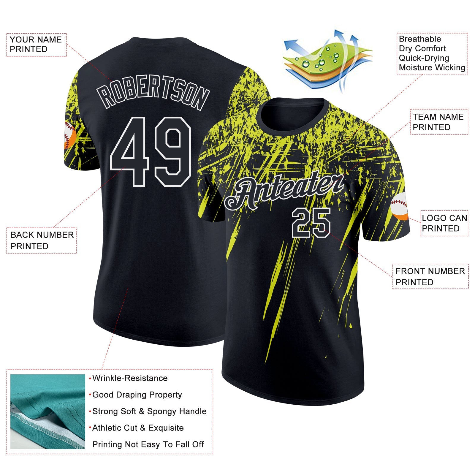 Custom Black Neon Yellow-White Distressed Scratch Brush Stroke Performance T-Shirt view 2