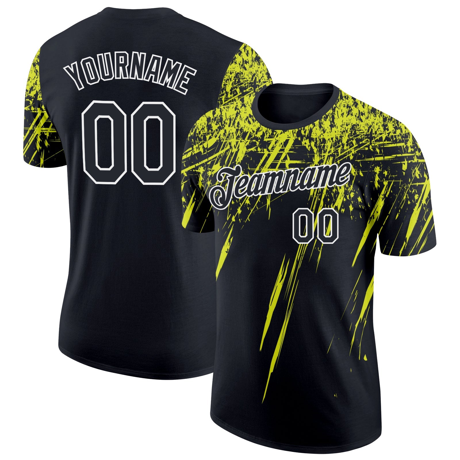 Custom Black Neon Yellow-White Distressed Scratch Brush Stroke Performance T-Shirt - Main View