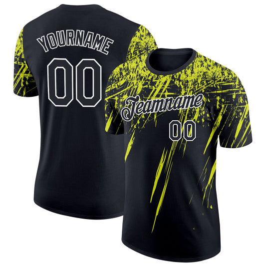 Custom Black Neon Yellow-White Distressed Scratch Brush Stroke Performance T-Shirt - Main View
