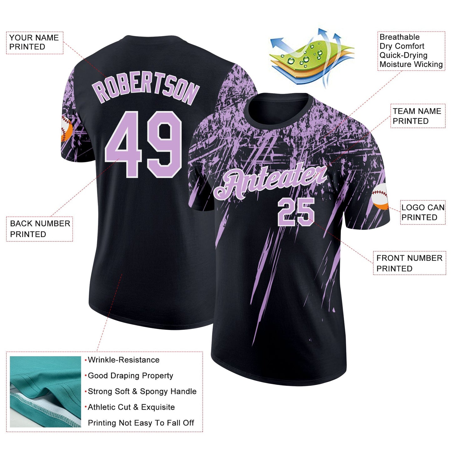 Custom Black Light Purple-White Distressed Scratch Brush Stroke Performance T-Shirt view 2
