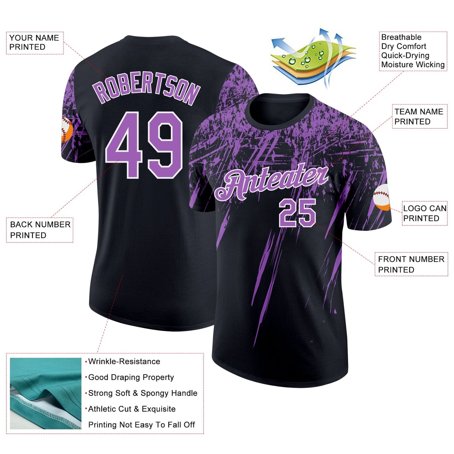 Custom Black Medium Purple-White Distressed Scratch Brush Stroke Performance T-Shirt view 2