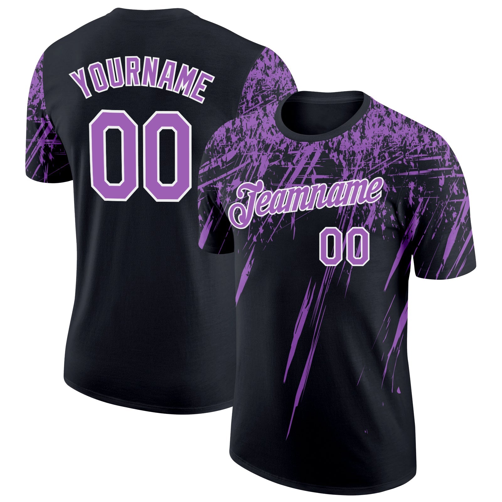 Custom Black Medium Purple-White Distressed Scratch Brush Stroke Performance T-Shirt - Main View