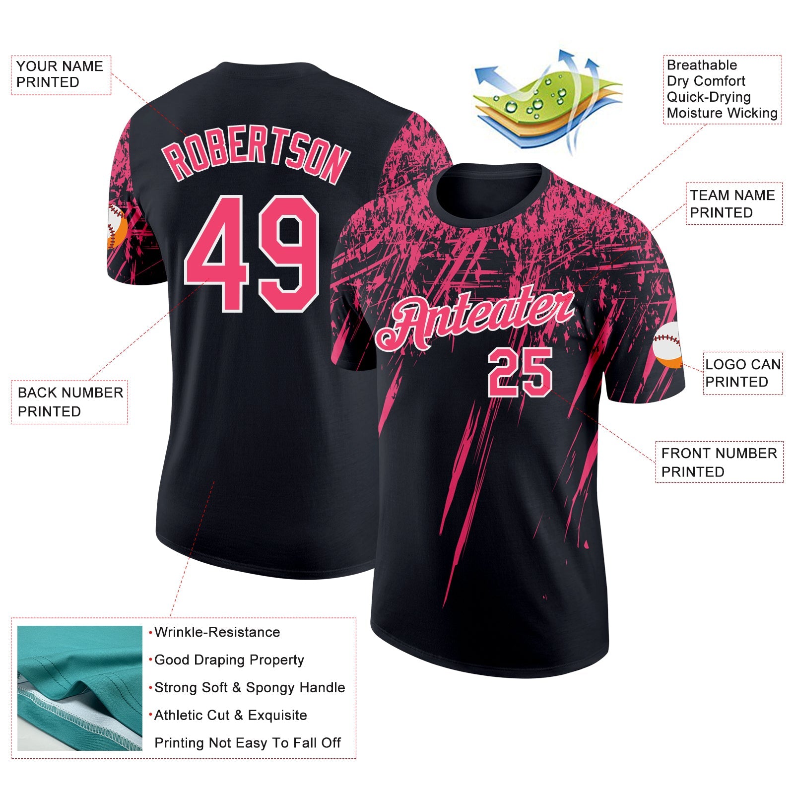 Custom Black Neon Pink-White Distressed Scratch Brush Stroke Performance T-Shirt view 2
