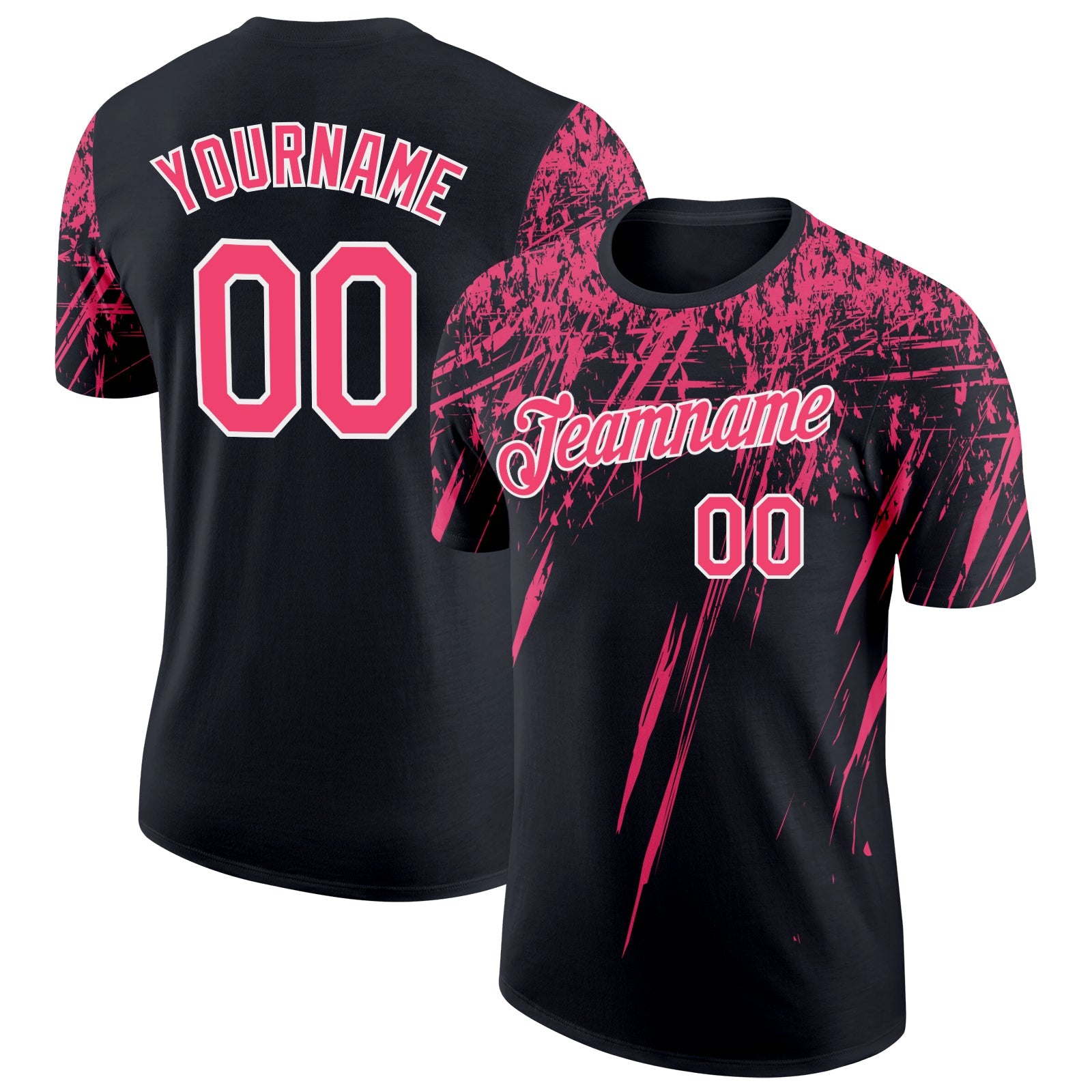 Custom Black Neon Pink-White Distressed Scratch Brush Stroke Performance T-Shirt - Main View